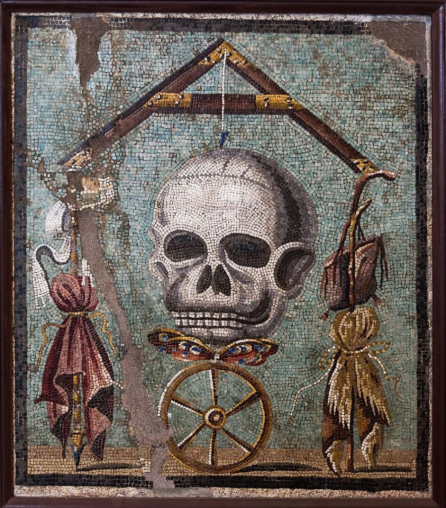 Memento Mori mosaic from Pompeii (1st century BCE). Now on display at the National Archaeological Museum of Naples, Italy